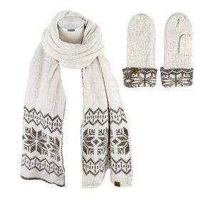 New! Bearpaw Fair Isle Chenille Scarf Mitten Set Taupe/Ivory